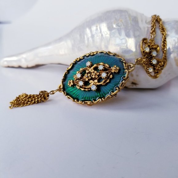 VTG LJM Emerald Green & Gold Enamel Necklace | Tassel Pendant | Mid-Century Glam - Picture 5 of 11